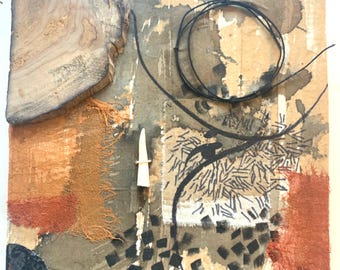 Wall decor, abstract 3D collage with warm tones and textures, contemporary and rustic, framed