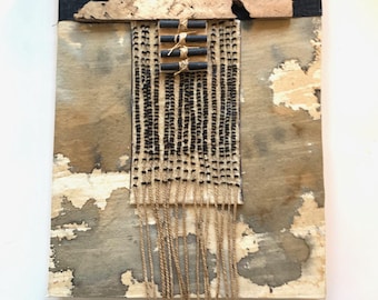 Abstract Collage Art, Threads, Dyed Canvas, Maple Burl