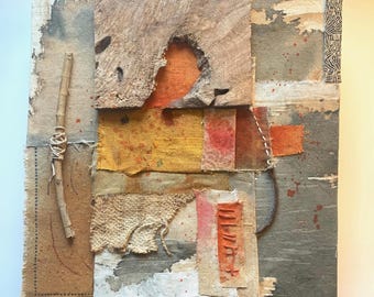 Mixed media collage with natural materials, golds and oranges, and textural, calm vibes