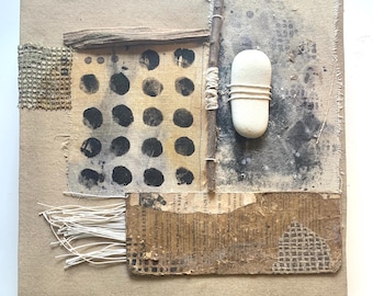 Wall art, mixed media, calm dimensional collage with organic materials