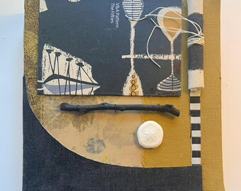 Mid century style collage with golds and black, and calm vibe