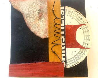 Mixed Media Collage Art, Maple Burl, Vintage Papers, Fabric, Wire