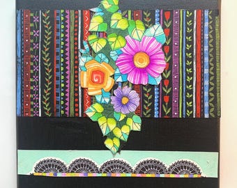 Colagem colorida com flores e listras repletas de rosas e roxos alegres em fundo preto