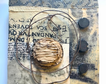 Enduring and calm mixed media collage with organic materials in neutrals