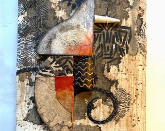 Wall decor, dimensional mixed media collage, graphic mark making, warm tones and grays