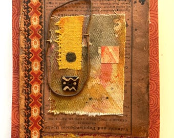 Earthy collage, autumn, tranquil vibe, in rusts and oranges, with vintage book base