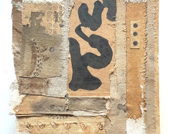 Mixed Media collage art, Rust dyed canvas, graphic center, tranquil vibe