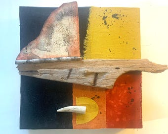 Wall Decor textural mixed media collage, with golds, rusts, natural materials, calm vibe