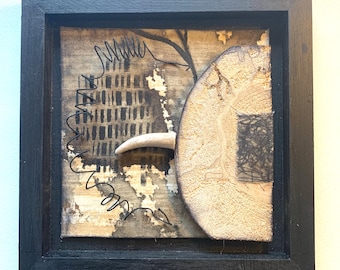 Mixed media collage with natural elements,calm, organic modern style