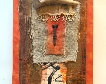 Wall decor,mixed media collage art in warm colors