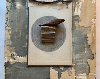 Mixed media collage with natural materials, soothing vibe, in neutrals for your art collection