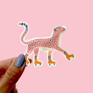 Cute Happy Pink Cheetah on Roller Skates Vinyl Cut Sticker Art Great for Helmets, Laptop and Water Bottles