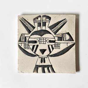 Vintage ceramic art tile – Mid-century modern abstract tribal face wall tile relief