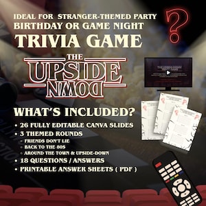 May include: Trivia game set with the text "The Upside Down Trivia Game." Includes 26 Canva slides, 3 themed rounds, 18 questions/answers, and printable answer sheets. A TV screen displays the game, with a remote control in the foreground.