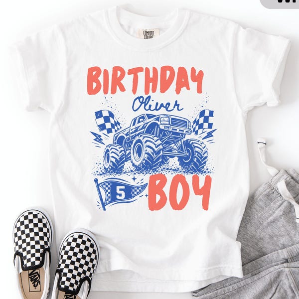 Custom Monster Truck Birthday Shirt, Personalized Birthday Crew Party Tee, Birthday Boy Shirt, Matching Family Monster Truck Birthday Gift