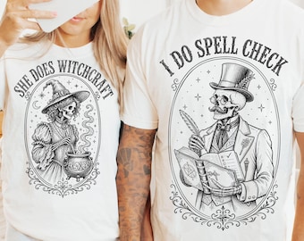 Matching Halloween Couple Shirt, She Does Witchcraft I Do Spell Check, Comfort Colors Funny His and Hers Tee, Skeleton Witch Spooky Season