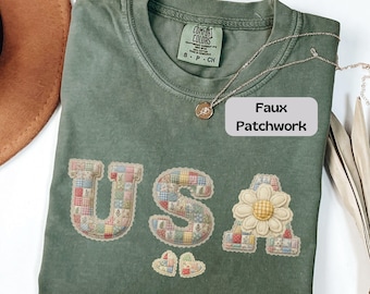 USA 250th Anniversary Shirt, Faux Patchwork USA Shirt, Cottagecore 4th of July, 250 Years of Freedom, Patriotic Shirt, America 250