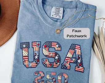 USA 250th Anniversary Shirt, Faux Patchwork USA Shirt, Comfort Colors 4th of July, 250 Years of Freedom, Retro Patriotic Shirt, America 250