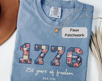 USA 250th Anniversary Shirt, Faux Patchwork USA Shirt, Comfort Colors 4th of July, 250 Years of Freedom, Retro Patriotic Shirt, America 250