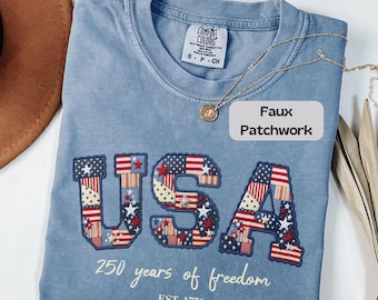 USA 250th Anniversary Shirt, Faux Patchwork USA Shirt, Comfort Colors 4th of July, 250 Years of Freedom, Retro Patriotic Shirt, America 250