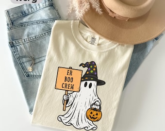 Camiseta de Halloween de Er Boo Crew Ghost, camiseta para enfermera de urgencias, regalo para enfermera de urgencias, temporada espeluznante, divertido, de agradecimiento a las enfermeras, colores cómodos para Halloween