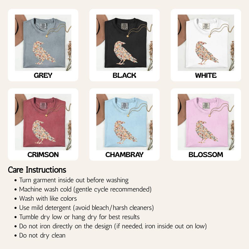 Floral Crow Graphic Tee, Botanical Raven Shirt, Wildflower Bird Design, Nature Lover Gift, Cottagecore Aesthetic Top, Unique Bird Art
Floral