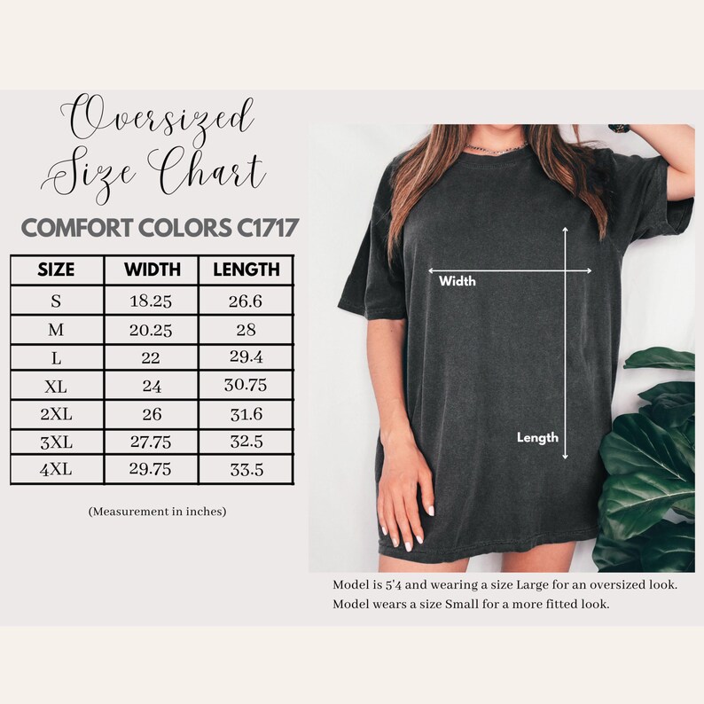 Oversized Size Chart, Comfort Colors C1717 Sizing Guide, Digital Download, T-Shirt Measurement Chart, Apparel Specs, Etsy Seller