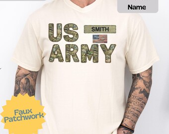 US Army Shirt, Custom Faux Patchwork Army Shirt, Personalized Comfort Colors, Patriotic American Flag Military Gift, Deployment Gift