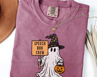 Camiseta de Halloween de Speech Boo Crew Ghost, camiseta para logopeda, regalo para logopedas, colores cómodos para terapeutas en la temporada de Halloween.