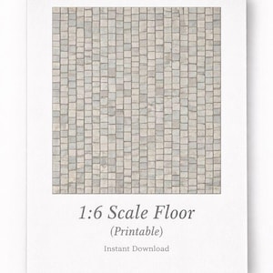 Könnte beinhalten: Ein druckbares 1:6-Maßstab-Bodendesign mit einem Mosaikmuster aus kleinen, hellgrauen und beigefarbenen quadratischen Fliesen. Das Bild wird auf weißem Hintergrund mit dem Text "1:6 Scale Floor (Printable)" unten präsentiert.