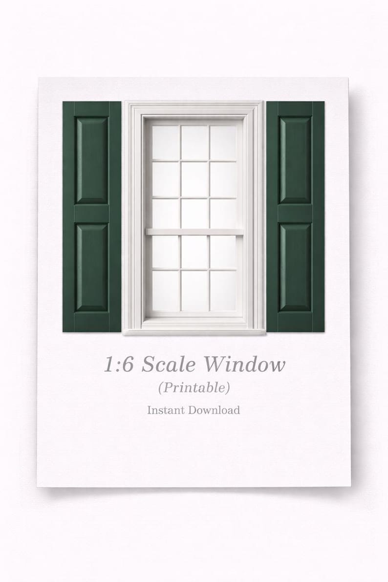 White Cottage Window With Green Shutters Printable Dollhouse 1:6 Scale ...