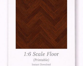 Dark Walnut Herringbone Wood Dollhouse Floor 1:6 Scale