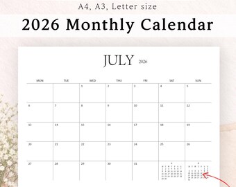 2026 Monthly Calendar, Letter, A4, A3 Printable Planner (PDF Download)