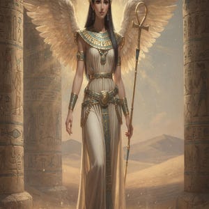 May include: An illustration of a woman in an Egyptian-inspired outfit, adorned with gold and turquoise accents, wings, and a headdress with horns. She holds a staff with an ankh symbol, standing in a desert landscape with ancient columns.