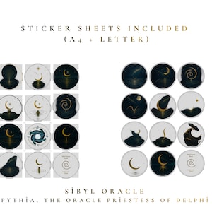 May include: A collection of circular stickers with celestial and mystical designs. The stickers feature moons, stars, and swirling patterns in shades of gold, blue, and white. Text at the top reads "STICKER SHEETS INCLUDED (A4 + LETTER)". The text at the bottom reads "SİBYL ORACLE PYTHİA, THE ORACLE PRIESTESS OF DELPHI".