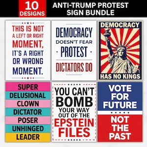 May include: A bundle of ten protest sign designs. The signs feature bold text with messages such as "This is not a left or right moment", "Democracy doesn't fear protest", and "Vote for future". The signs use a variety of colors.