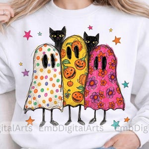 Preppy Halloween Ghost and Cat PNG, Colorful Leopard Ghost PNG, Glitter Tee Design, Viral Preppy Girly Ghost PNG, Black Cat Clipart