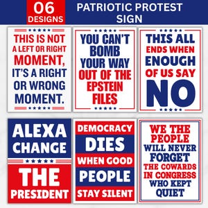 May include: A collection of six patriotic protest signs with red, white, and blue text. The signs feature various slogans, including "This is not a left or right moment" and "Democracy dies when good people stay silent."