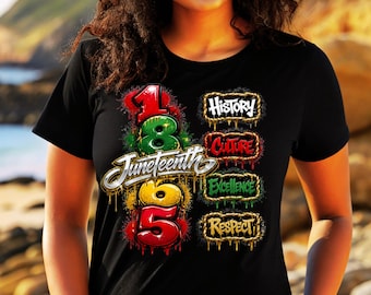 Puede incluir: Una camiseta negra con un diseño gráfico que incluye el texto Juneteenth y el número 1865 en rojo, verde y amarillo. A la derecha, cuatro cajas rectangulares contienen las palabras History, Culture, Excellence y Respect en fuentes estilizadas.