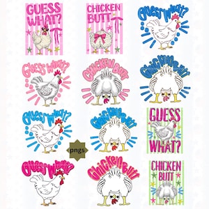 Könnte beinhalten: Eine Sammlung skurriler Designs zum Thema Huhn. Jedes Design zeigt ein Cartoon-Huhn mit Sätzen wie "Guess What?" und "Chicken Butt" in leuchtenden Farben. Die Illustrationen enthalten rosa, blaue und grüne Akzente mit Stern- und Streifenmustern.