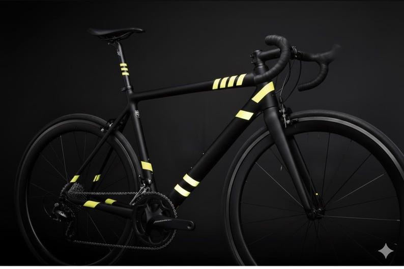 May include: A sleek black road bicycle with yellow accent stripes on the frame and seat post. The bicycle has black wheels, tires, and handlebars, set against a dark background. The bike is designed for speed and performance.