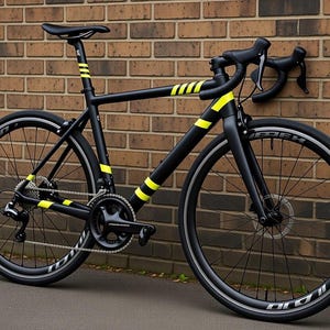 May include: A black road bike with yellow stripes on the frame and fork, leaning against a brick wall. The bike has black tires, a black seat, and drop handlebars. The wheels have white lettering.