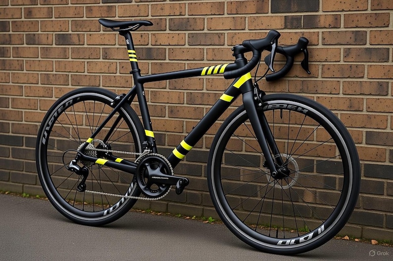 May include: A black road bike with yellow stripes on the frame and fork, leaning against a brick wall. The bike has black tires, a black seat, and drop handlebars. The wheels have white lettering.