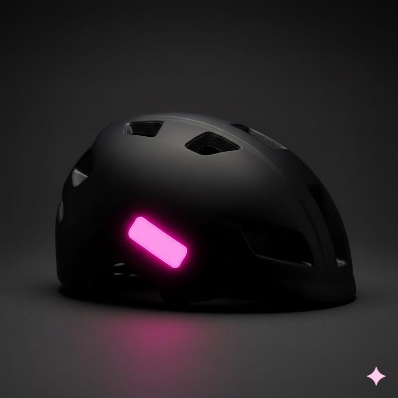 May include: A matte black bicycle helmet with a bright pink reflective sticker on the side. The helmet has several ventilation holes and a streamlined design, suitable for cycling. The image is set against a dark gray background.