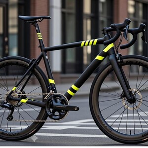 May include: A black road bicycle with yellow stripes on the frame and fork. The bicycle has black handlebars, a black seat, and dark gray wheels. The tires are black, and the bike is on a paved street.