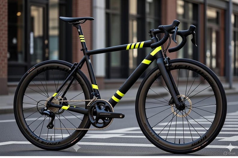 May include: A black road bicycle with yellow stripes on the frame and fork. The bicycle has black handlebars, a black seat, and dark gray wheels. The tires are black, and the bike is on a paved street.