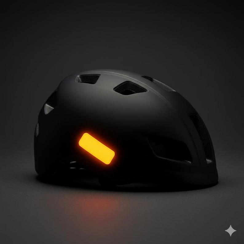 May include: A matte black bicycle helmet with a reflective orange rectangular sticker on the side. The helmet has multiple ventilation holes and a streamlined design, suitable for cycling and other outdoor activities.