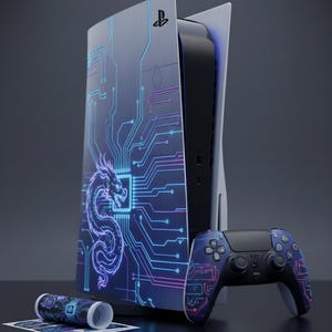 May include: A PlayStation 5 console with a custom skin featuring a neon dragon design and circuit board pattern. Includes a matching controller and a roll of decorative stickers. The color scheme is primarily blue and purple.
