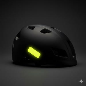 May include: A matte black bicycle helmet with a neon yellow reflective sticker. The helmet has multiple vents for airflow and a streamlined design. The image is set against a dark background, highlighting the helmet's shape and features.