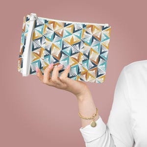 Abstract Triangle Geometric Clutch Bag | Modern Blue Teal Mustard Pattern